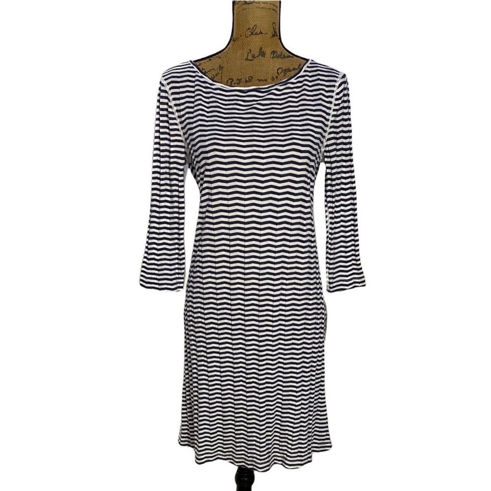 NWT Three Dots Dress XL White Blue Stripe Rib Texture 3/4 Sl Comfy Casual $110